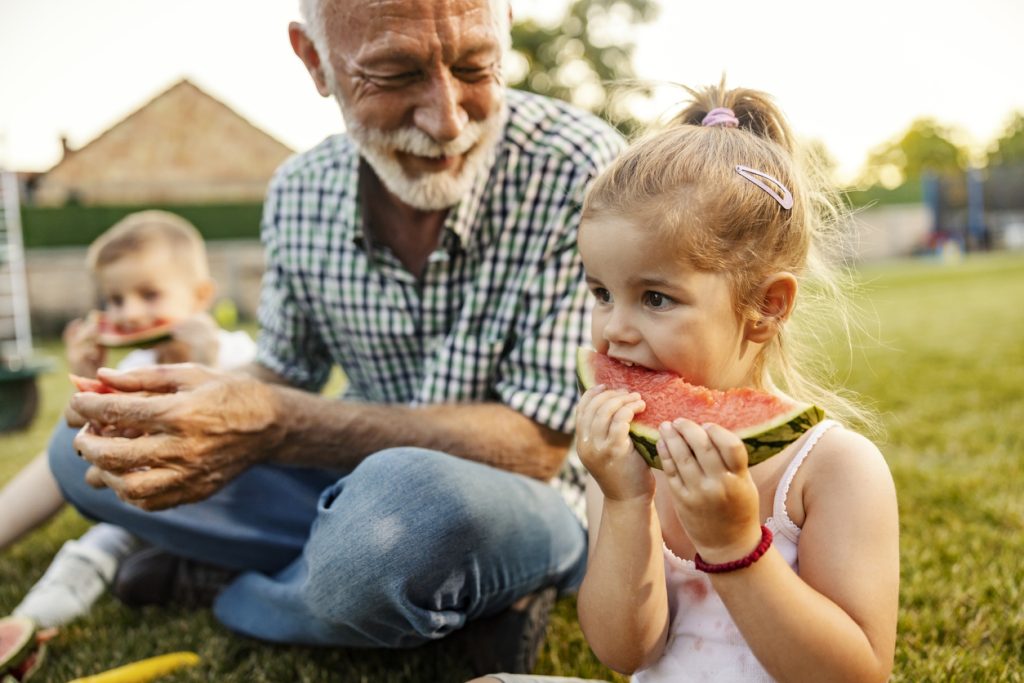 Adorable girl sitting in backyard with sibling and granddad and eating fresh ripe watermelon and enjoying summertime.